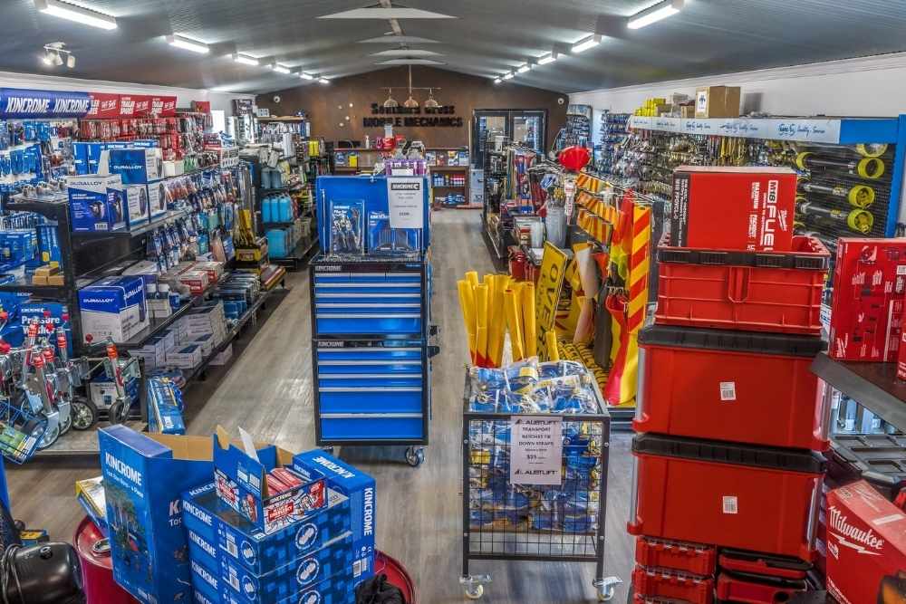 Interior of Southern Cross Auto Spares in showing stocked tool aisles-